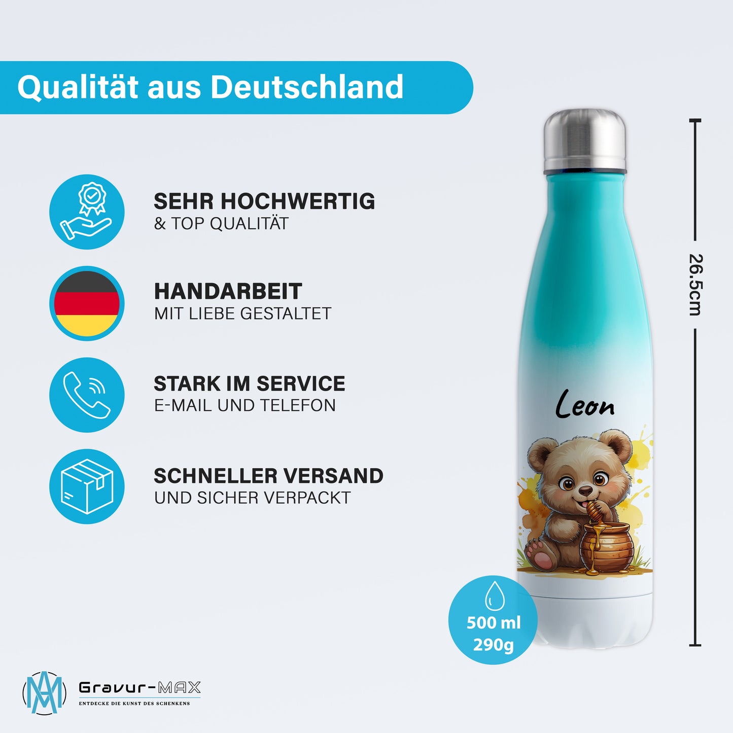 Trinkflasche in Weiß/Mint 500ml aus Edelstahl bedruckt mit niedlichen Tieren "Bär" personalisierbar für Kinder mit Wunschname