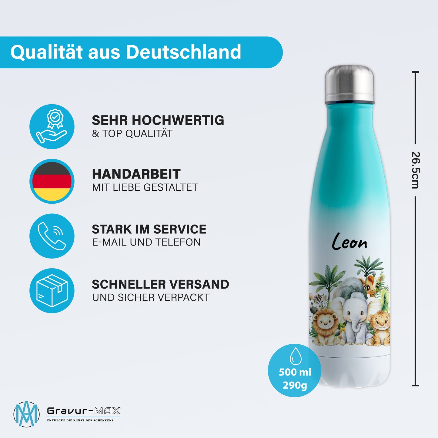 Trinkflasche mit Farbverlauf in Weiß/Mint 500ml aus Edelstahl bedruckt mit Dschungel Tieren"Dschungel Tiere" personalisierbar für Kinder mit Wunschname