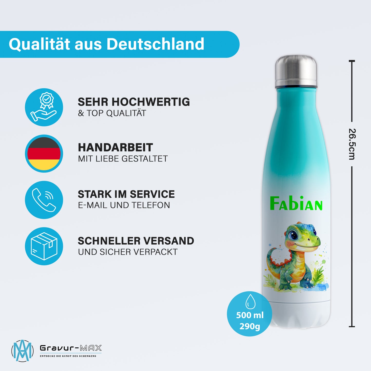 Thermoflasche 500ml in Weiß/Mint bedruckt mit tollen Motiven für Kinder "Dino Kinder" personalisierbar mit Wunschname