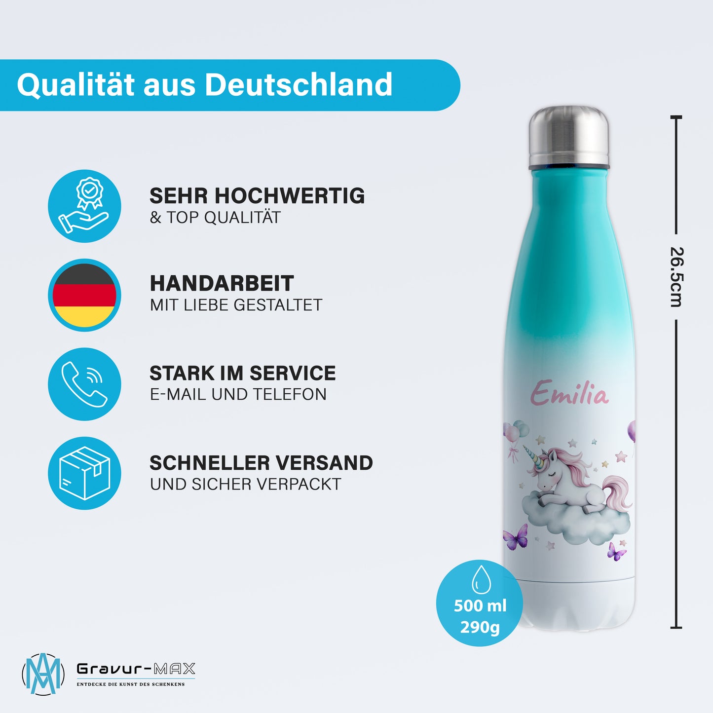 Thermoflasche 500ml in Weiß/Mint bedruckt mit tollen Motiven für Kinder "Einhorn Wolke" personalisierbar mit Wunschname