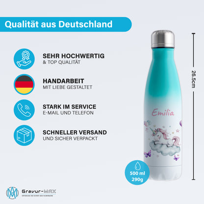 Thermoflasche 500ml in Weiß/Mint bedruckt mit tollen Motiven für Kinder "Einhorn Wolke" personalisierbar mit Wunschname