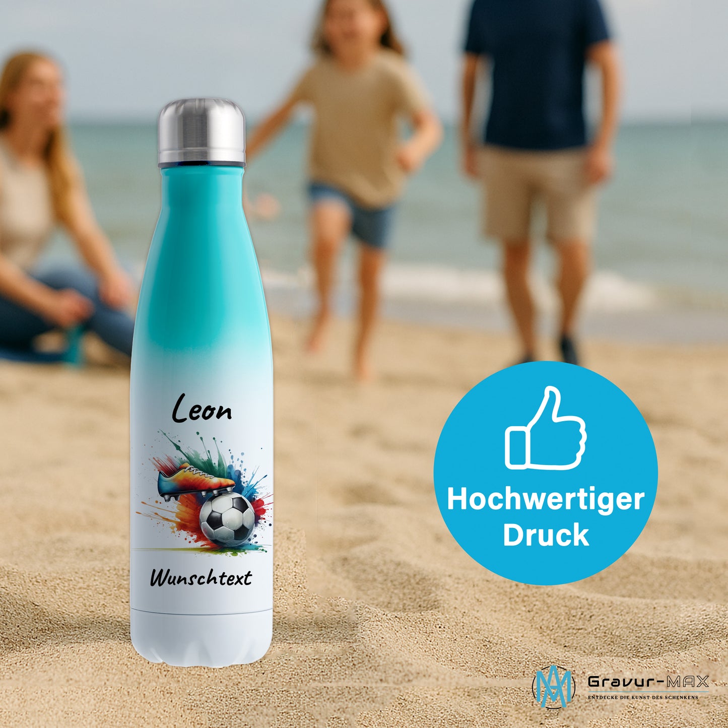 Thermoflasche 500ml in Weiß/Mint aus Edelstahl bedruckt "Fußball" Motiv6 personalisierbar mit Wunschname & Text