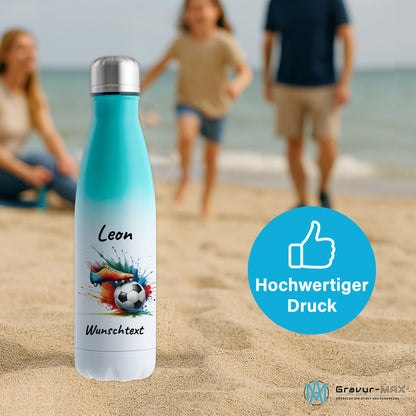 Thermoflasche 500ml in Weiß/Mint aus Edelstahl bedruckt "Fußball" Motiv6 personalisierbar mit Wunschname & Text