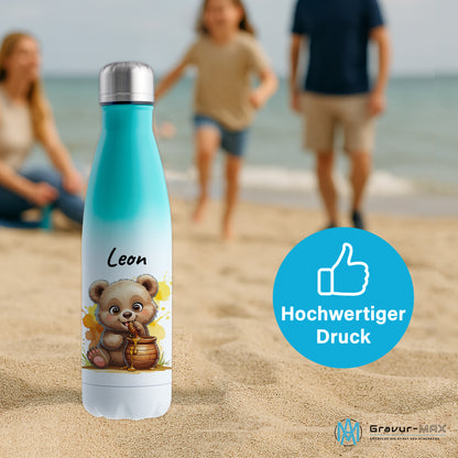 Trinkflasche in Weiß/Mint 500ml aus Edelstahl bedruckt mit niedlichen Tieren "Bär" personalisierbar für Kinder mit Wunschname