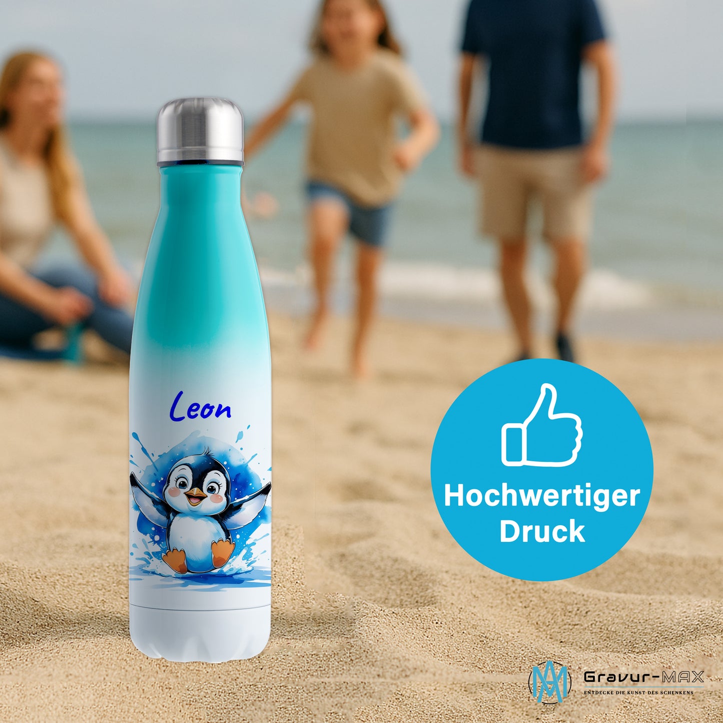Trinkflasche in Weiß/Mint 500ml aus Edelstahl bedruckt mit niedlichen Tieren "Pinguin" personalisierbar für Kinder mit Wunschname