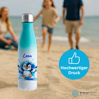 Trinkflasche in Weiß/Mint 500ml aus Edelstahl bedruckt mit niedlichen Tieren "Pinguin" personalisierbar für Kinder mit Wunschname