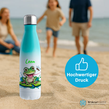 Trinkflasche in Weiß/Mint 500ml aus Edelstahl bedruckt mit niedlichen Tieren "Frosch" personalisierbar für Kinder mit Wunschname