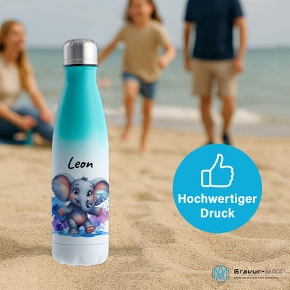 Trinkflasche in Weiß/Mint 500ml aus Edelstahl bedruckt mit niedlichen Tieren "Elefant" personalisierbar für Kinder mit Wunschname