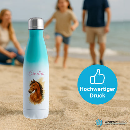 Thermoflasche 500ml in Weiß/Mint bedruckt mit tollen Motiven für Kinder "Pferd" personalisierbar mit Wunschname