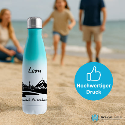 Trinkflasche in Weiß/Mint 500ml aus Edelstahl bedruckt mit der Skyline von Garmisch-Partenkirchen personalisierbar mit Wunschname
