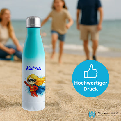 Thermoflasche 500ml in Weiß/Mint bedruckt mit tollen Motiven für Kinder "Superheldin" personalisierbar mit Wunschname
