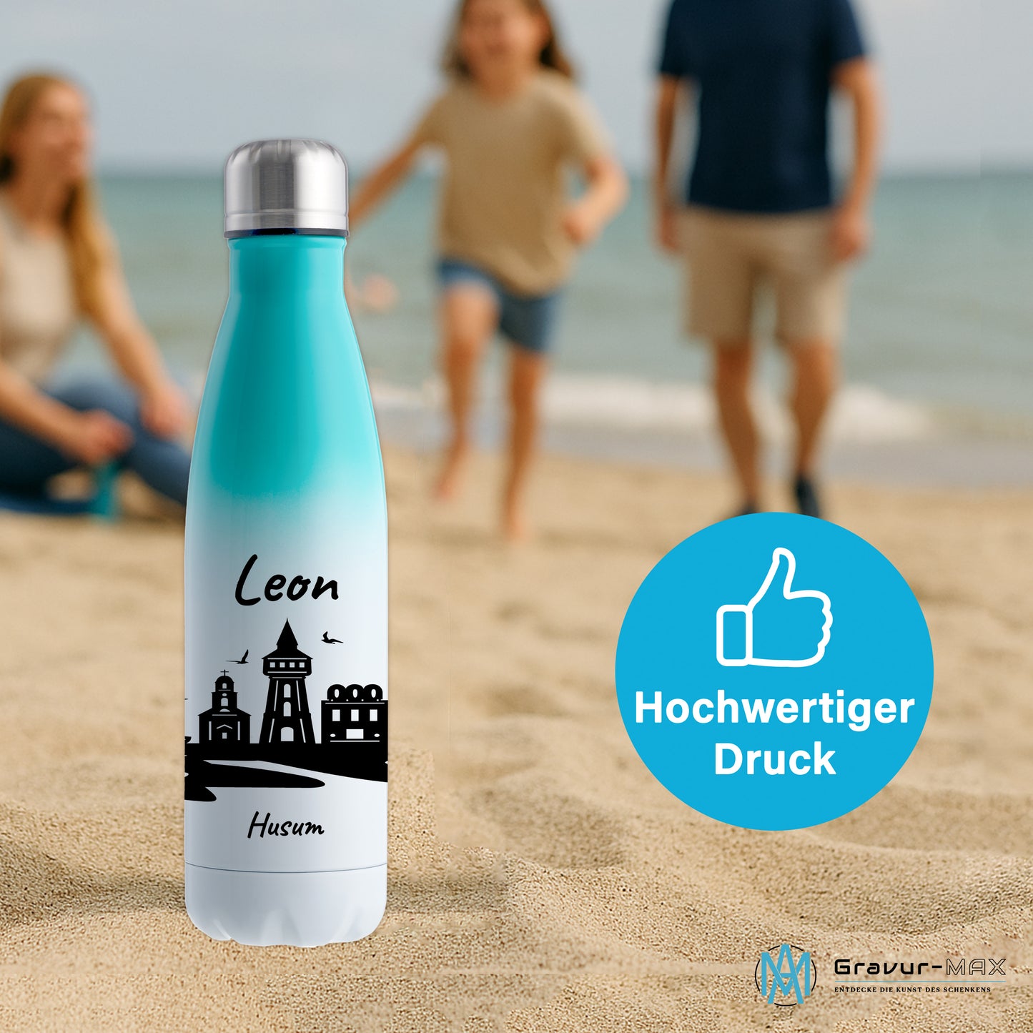 Trinkflasche in Weiß/Mint 500ml aus Edelstahl bedruckt mit der Skyline von Husum personalisierbar mit Wunschname