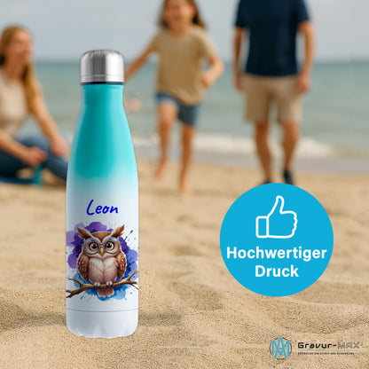 Trinkflasche in Weiß/Mint 500ml aus Edelstahl bedruckt mit niedlichen Tieren "Eule" personalisierbar für Kinder mit Wunschname
