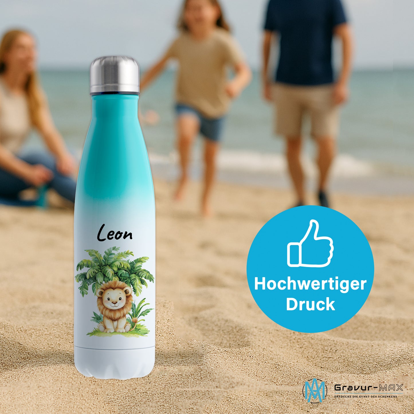 Trinkflasche mit Farbverlauf in Weiß/Mint 500ml aus Edelstahl bedruckt mit Dschungel Tieren"Löwe" personalisierbar für Kinder mit Wunschname