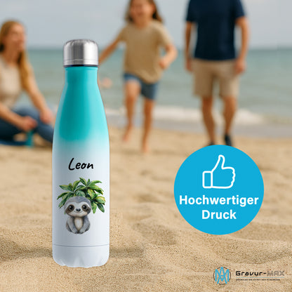 Trinkflasche mit Farbverlauf in Weiß/Mint 500ml aus Edelstahl bedruckt mit Dschungel Tieren"Faultier" personalisierbar für Kinder mit Wunschname