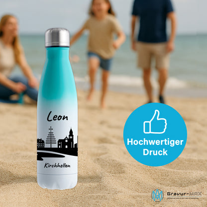 Trinkflasche in Weiß/Mint 500ml aus Edelstahl bedruckt mit der Skyline von Kirchhellen personalisierbar mit Wunschname