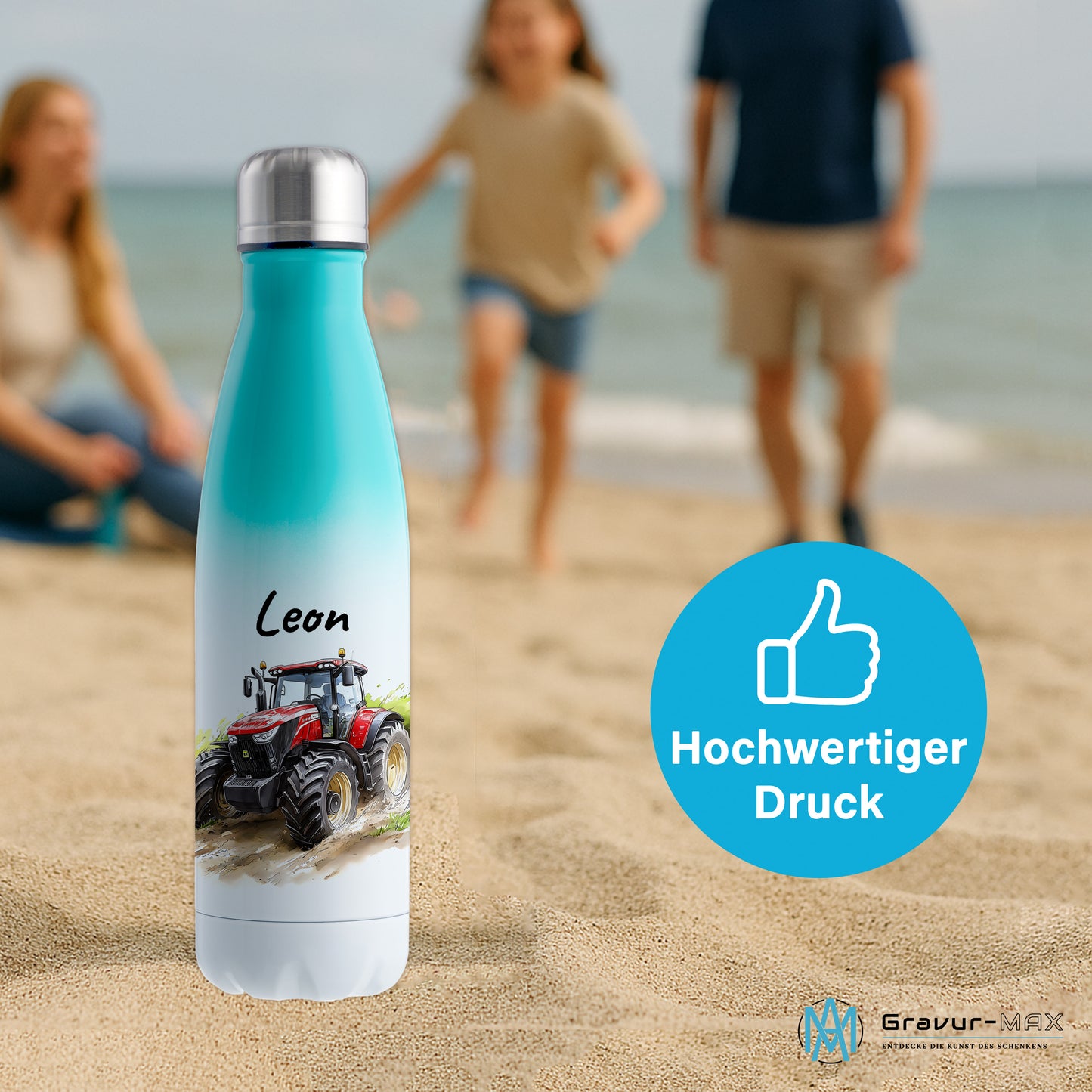 Thermoflasche 500ml in Weiß/Mint bedruckt mit tollen Motiven für Kinder "Traktor" personalisierbar mit Wunschname