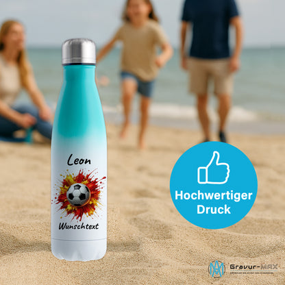 Thermoflasche 500ml in Weiß/Mint aus Edelstahl bedruckt "Fußball" Motiv9 personalisierbar mit Wunschname & Text