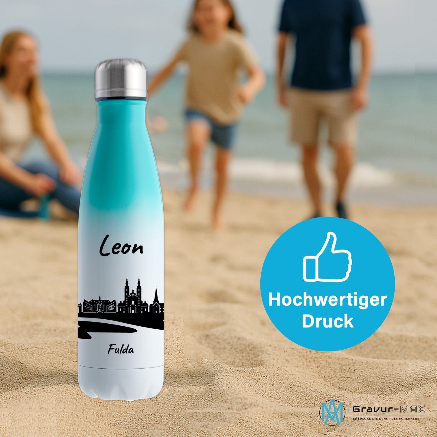 Trinkflasche in Weiß/Mint 500ml aus Edelstahl bedruckt mit der Skyline von Fulda personalisierbar mit Wunschname