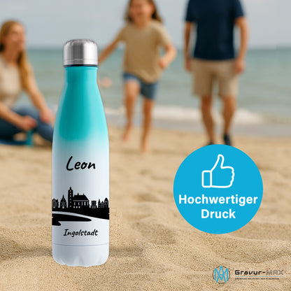 Trinkflasche in Weiß/Mint 500ml aus Edelstahl bedruckt mit der Skyline von Ingolstadt personalisierbar mit Wunschname