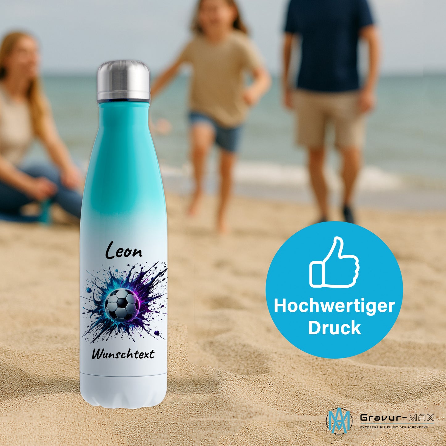 Thermoflasche 500ml in Weiß/Mint aus Edelstahl bedruckt "Fußball" Motiv10 personalisierbar mit Wunschname & Text