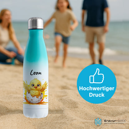 Trinkflasche in Weiß/Mint 500ml aus Edelstahl bedruckt mit niedlichen Tieren "Küken" personalisierbar für Kinder mit Wunschname