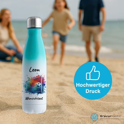Thermoflasche 500ml in Weiß/Mint aus Edelstahl bedruckt "Fußball" Motiv5 personalisierbar mit Wunschname & Text