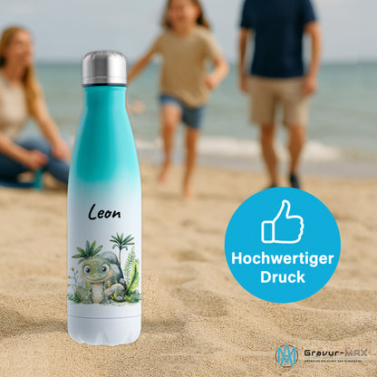 Trinkflasche mit Farbverlauf in Weiß/Mint 500ml aus Edelstahl bedruckt mit Dschungel Tieren"Krokodil" personalisierbar für Kinder mit Wunschname