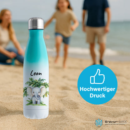 Trinkflasche mit Farbverlauf in Weiß/Mint 500ml aus Edelstahl bedruckt mit Dschungel Tieren"Elefant" personalisierbar für Kinder mit Wunschname