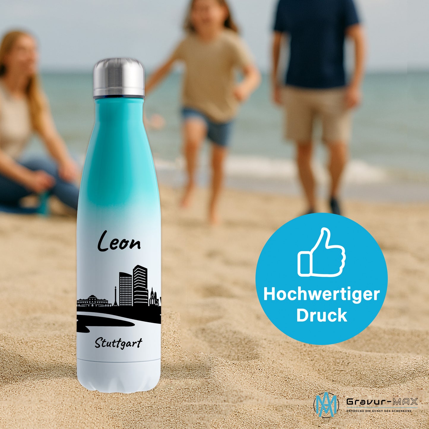 Trinkflasche in Weiß/Mint 500ml aus Edelstahl bedruckt mit der Skyline von Stuttgart personalisierbar mit Wunschname