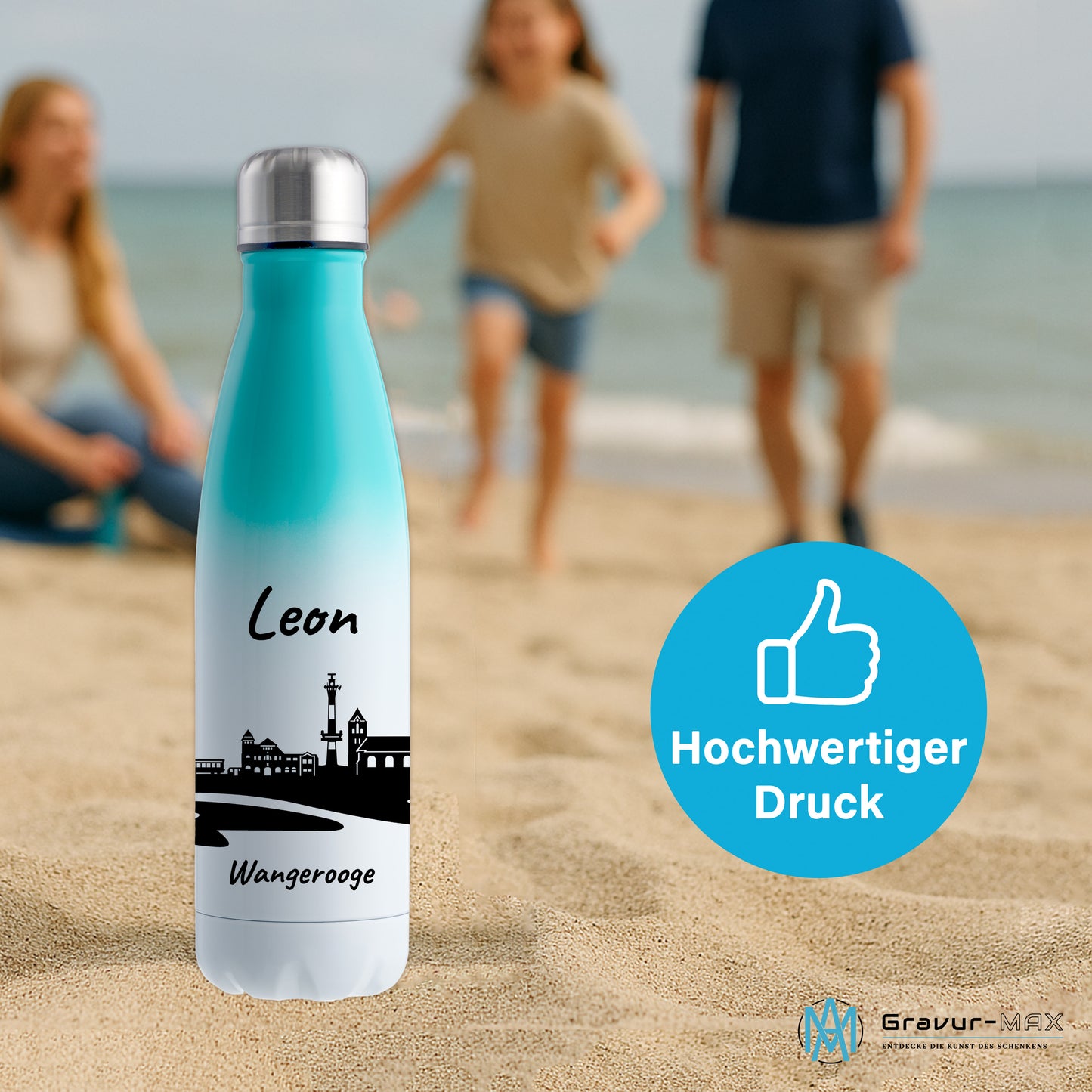 Trinkflasche in Weiß/Mint 500ml aus Edelstahl bedruckt mit der Skyline von Wangerooge personalisierbar mit Wunschname