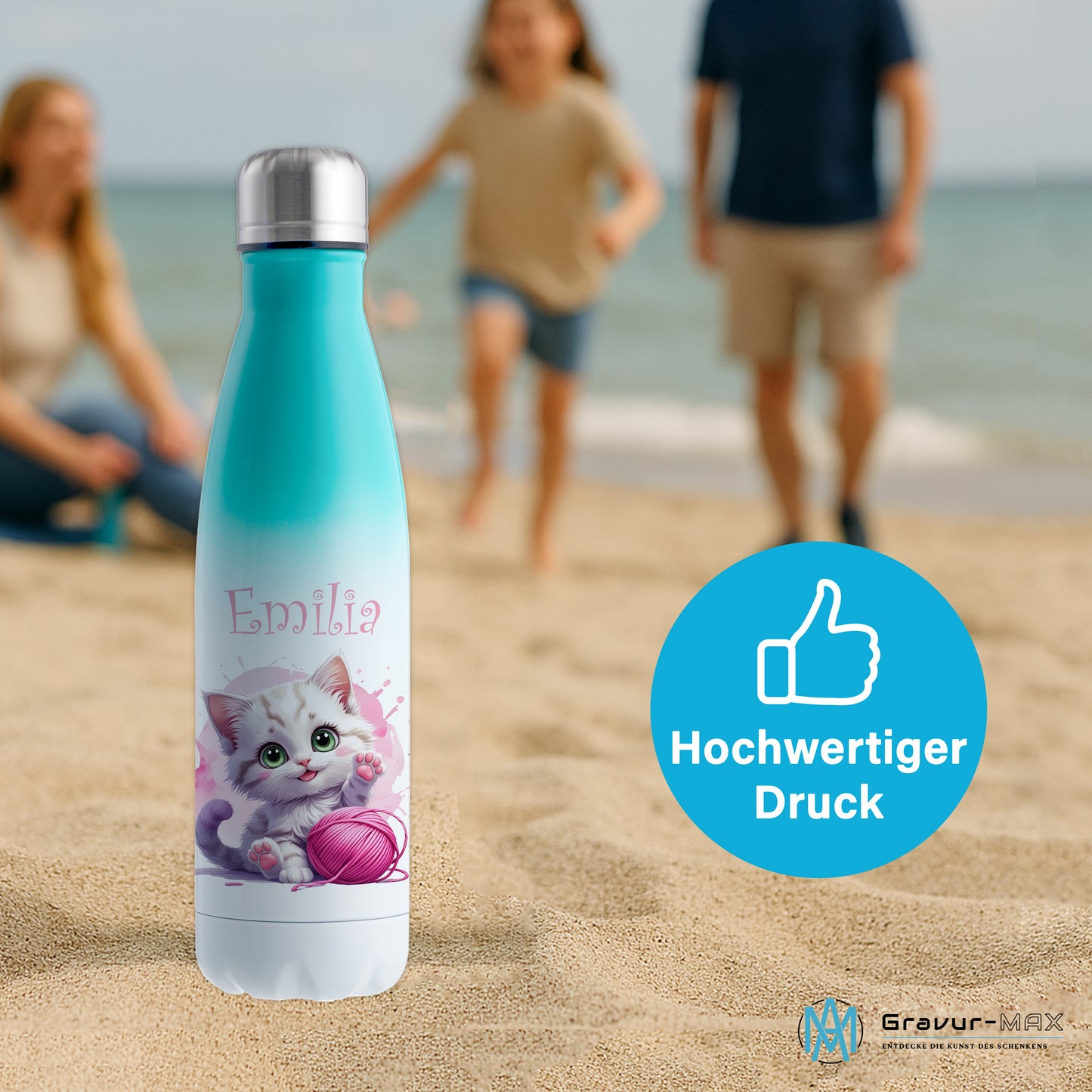 Trinkflasche in Weiß/Mint 500ml aus Edelstahl bedruckt mit niedlichen Tieren "Katze" personalisierbar für Kinder mit Wunschname