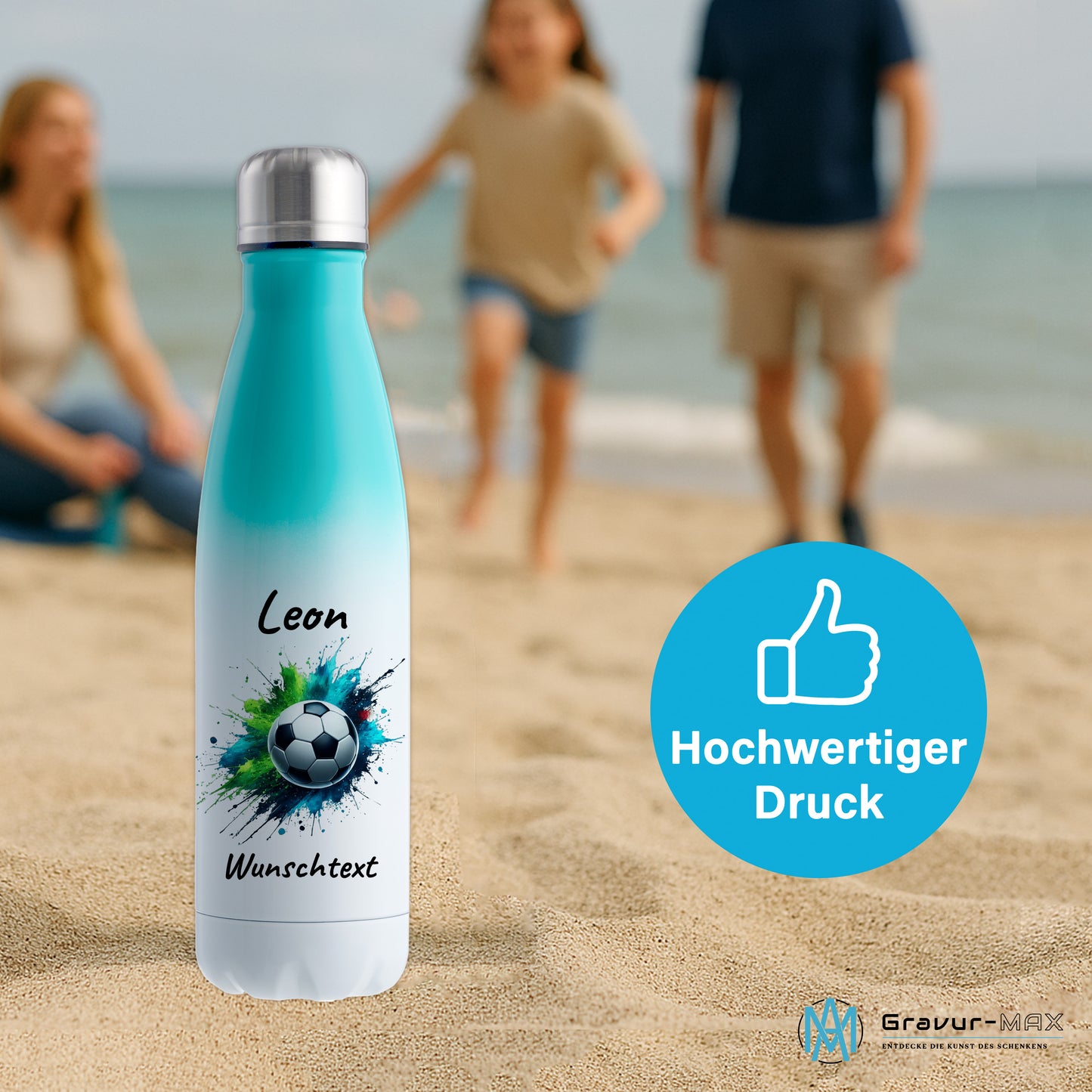 Thermoflasche 500ml in Weiß/Mint aus Edelstahl bedruckt "Fußball" Motiv8 personalisierbar mit Wunschname & Text