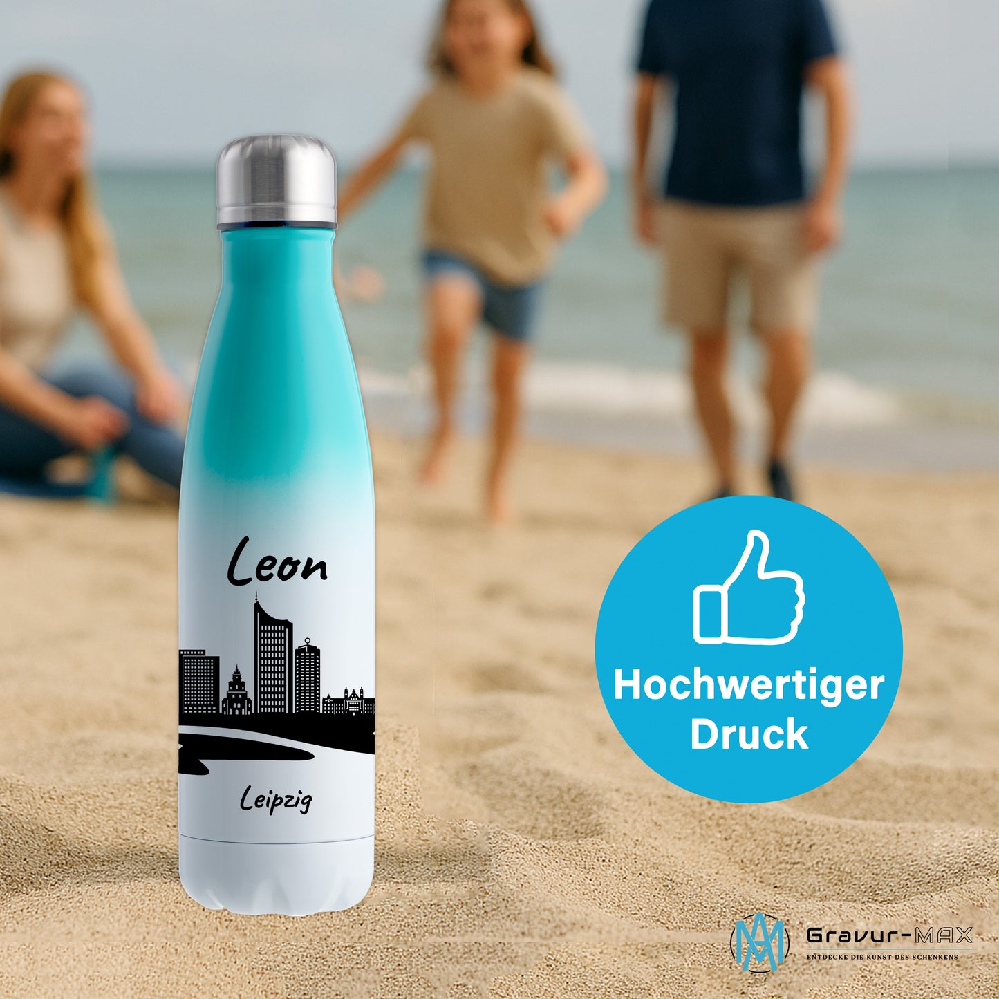 Trinkflasche in Weiß/Mint 500ml aus Edelstahl bedruckt mit der Skyline von Leipzig personalisierbar mit Wunschname