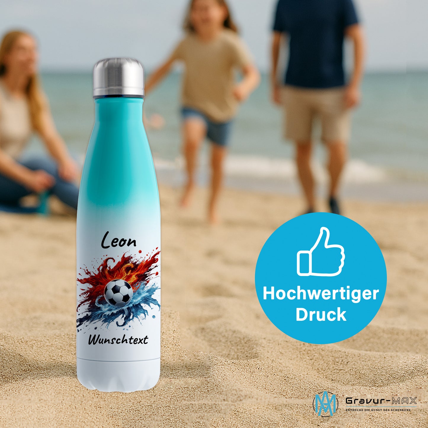 Thermoflasche 500ml in Weiß/Mint aus Edelstahl bedruckt "Fußball" Motiv12 personalisierbar mit Wunschname & Text