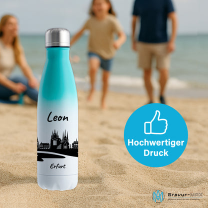 Trinkflasche in Weiß/Mint 500ml aus Edelstahl bedruckt mit der Skyline von Erfurt personalisierbar mit Wunschname