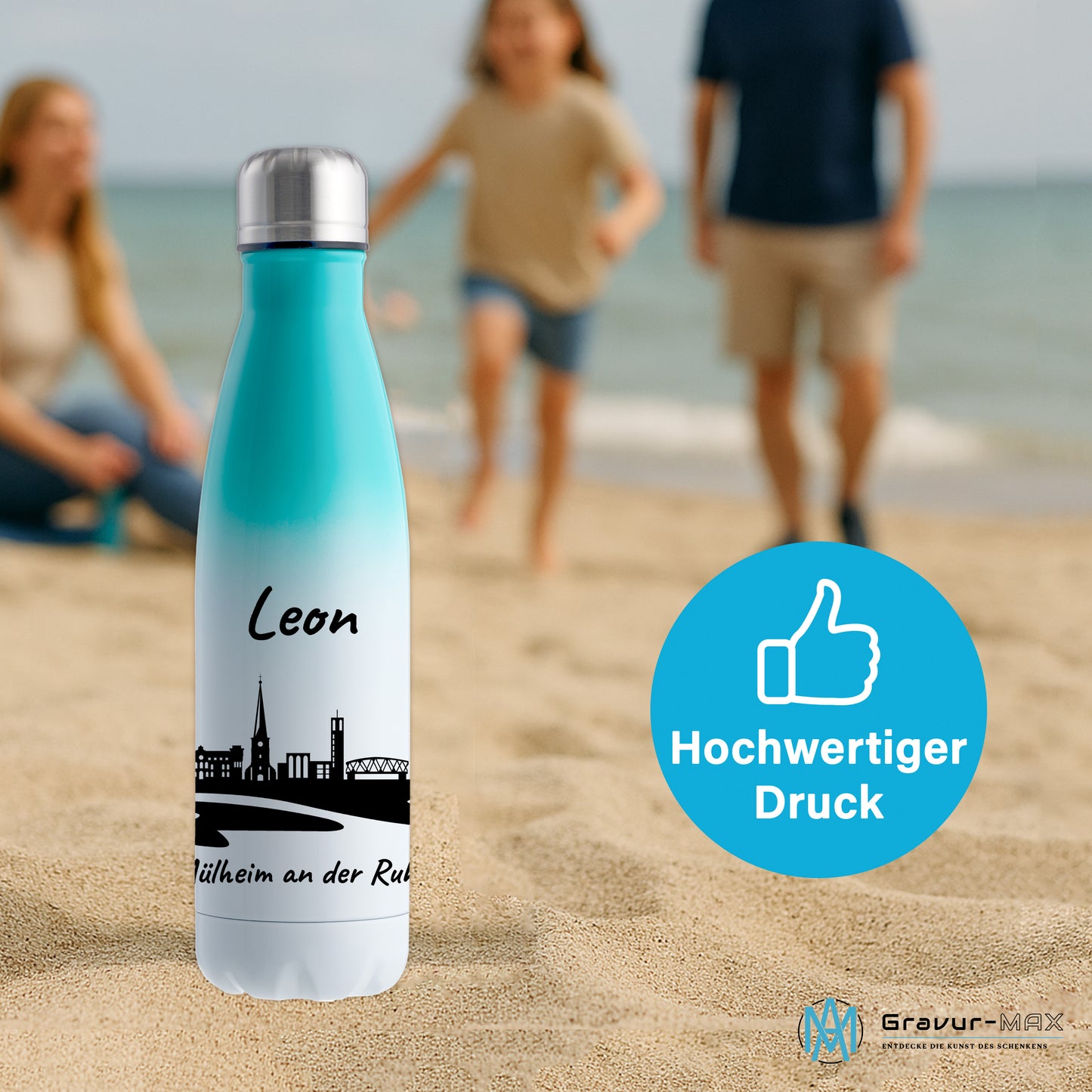 Trinkflasche in Weiß/Mint 500ml aus Edelstahl bedruckt mit der Skyline von Mülheim an der Ruhr personalisierbar mit Wunschname