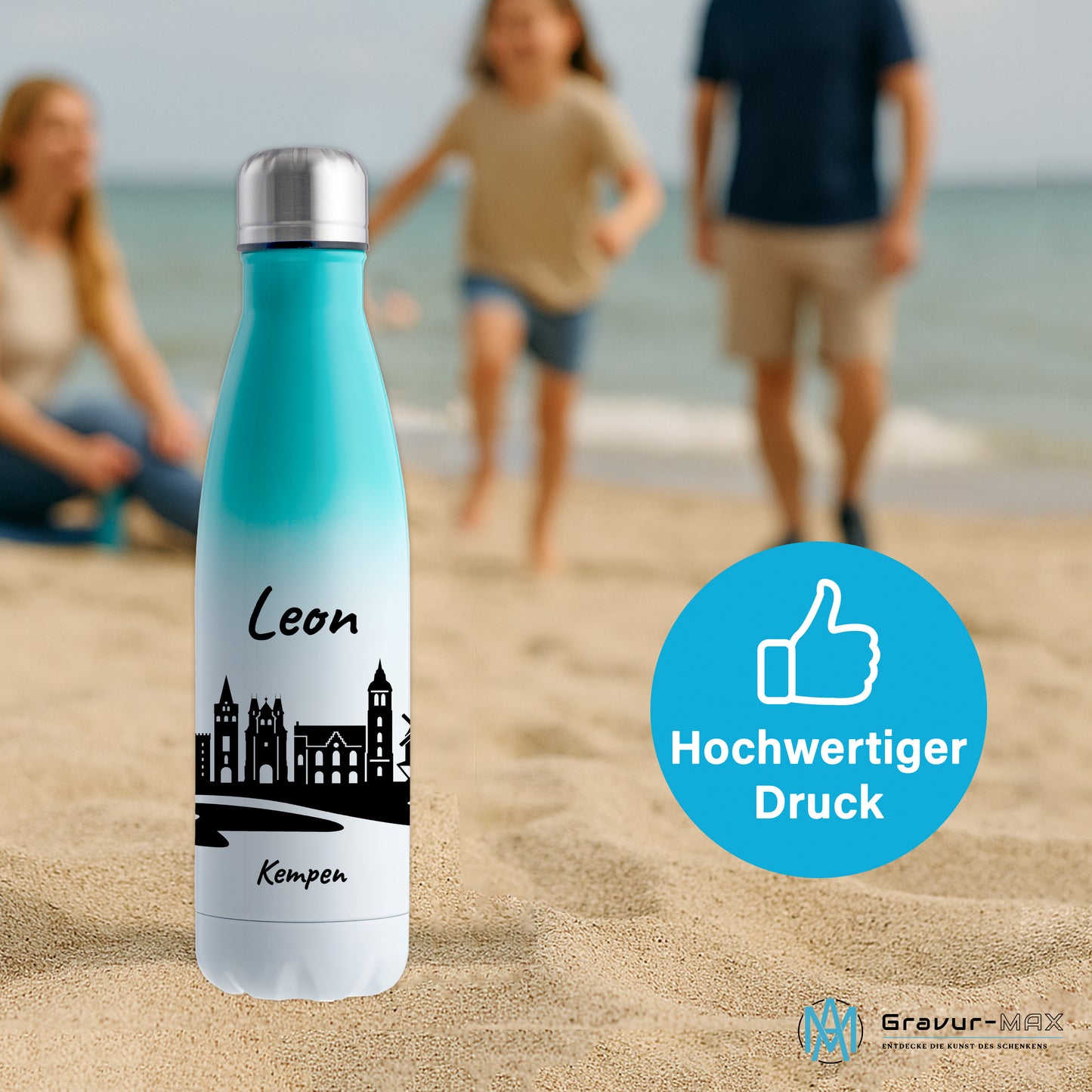 Trinkflasche in Weiß/Mint 500ml aus Edelstahl bedruckt mit der Skyline von Kempen personalisierbar mit Wunschname