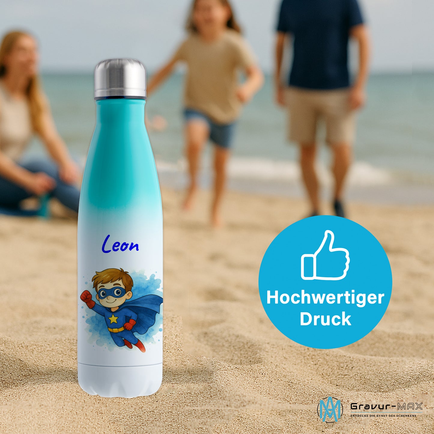 Thermoflasche 500ml in Weiß/Mint bedruckt mit tollen Motiven für Kinder "Superheld" personalisierbar mit Wunschname