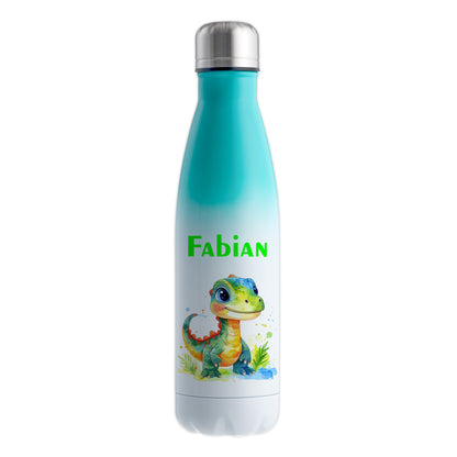 Thermoflasche 500ml in Weiß/Mint bedruckt mit tollen Motiven für Kinder "Dino Kinder" personalisierbar mit Wunschname