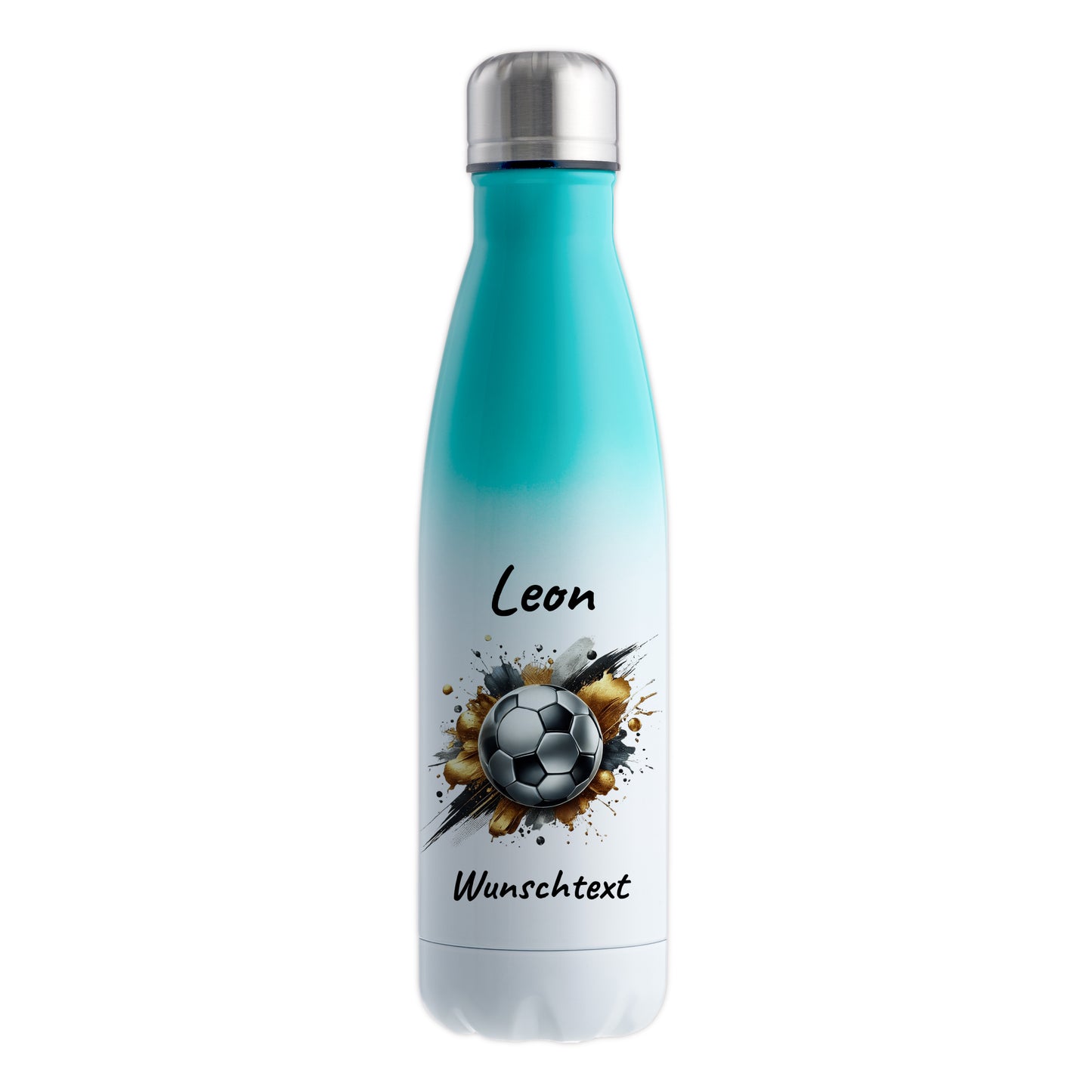 Thermoflasche 500ml in Weiß/Mint aus Edelstahl bedruckt "Fußball" Motiv13 personalisierbar mit Wunschname & Text