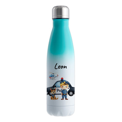 Thermoflasche 500ml in Weiß/Mint bedruckt mit tollen Motiven für Kinder "Polizei" personalisierbar mit Wunschname