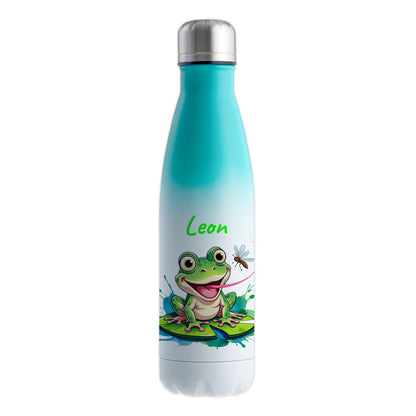 Trinkflasche in Weiß/Mint 500ml aus Edelstahl bedruckt mit niedlichen Tieren "Frosch" personalisierbar für Kinder mit Wunschname