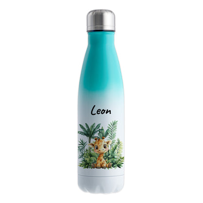 Trinkflasche mit Farbverlauf in Weiß/Mint 500ml aus Edelstahl bedruckt mit Dschungel Tieren"Giraffe" personalisierbar für Kinder mit Wunschname