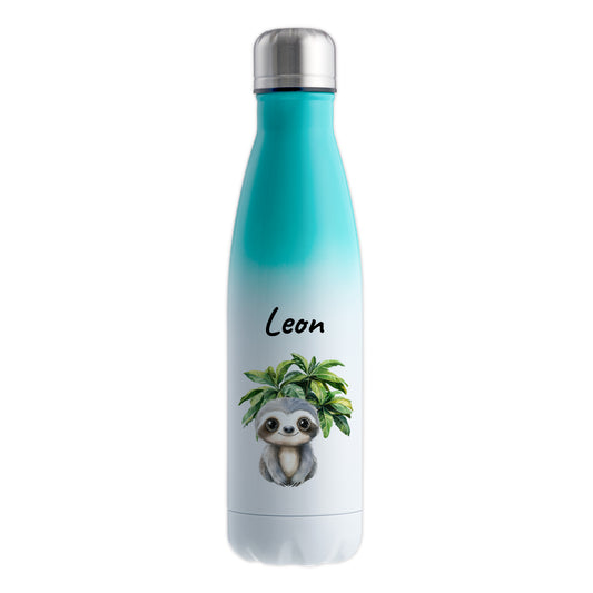 Trinkflasche mit Farbverlauf in Weiß/Mint 500ml aus Edelstahl bedruckt mit Dschungel Tieren"Faultier" personalisierbar für Kinder mit Wunschname