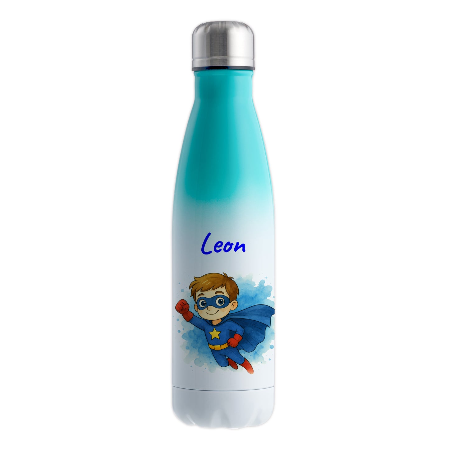 Thermoflasche 500ml in Weiß/Mint bedruckt mit tollen Motiven für Kinder "Superheld" personalisierbar mit Wunschname