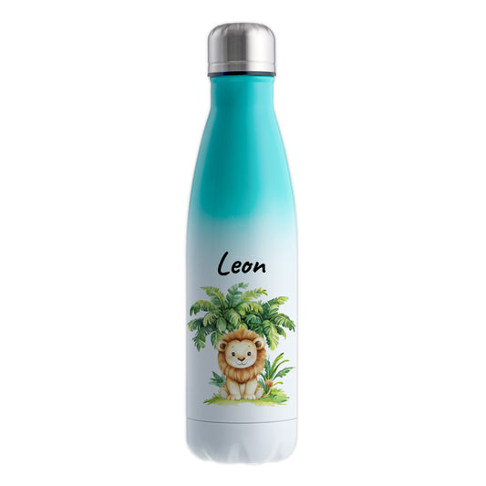 Trinkflasche mit Farbverlauf in Weiß/Mint 500ml aus Edelstahl bedruckt mit Dschungel Tieren"Löwe" personalisierbar für Kinder mit Wunschname