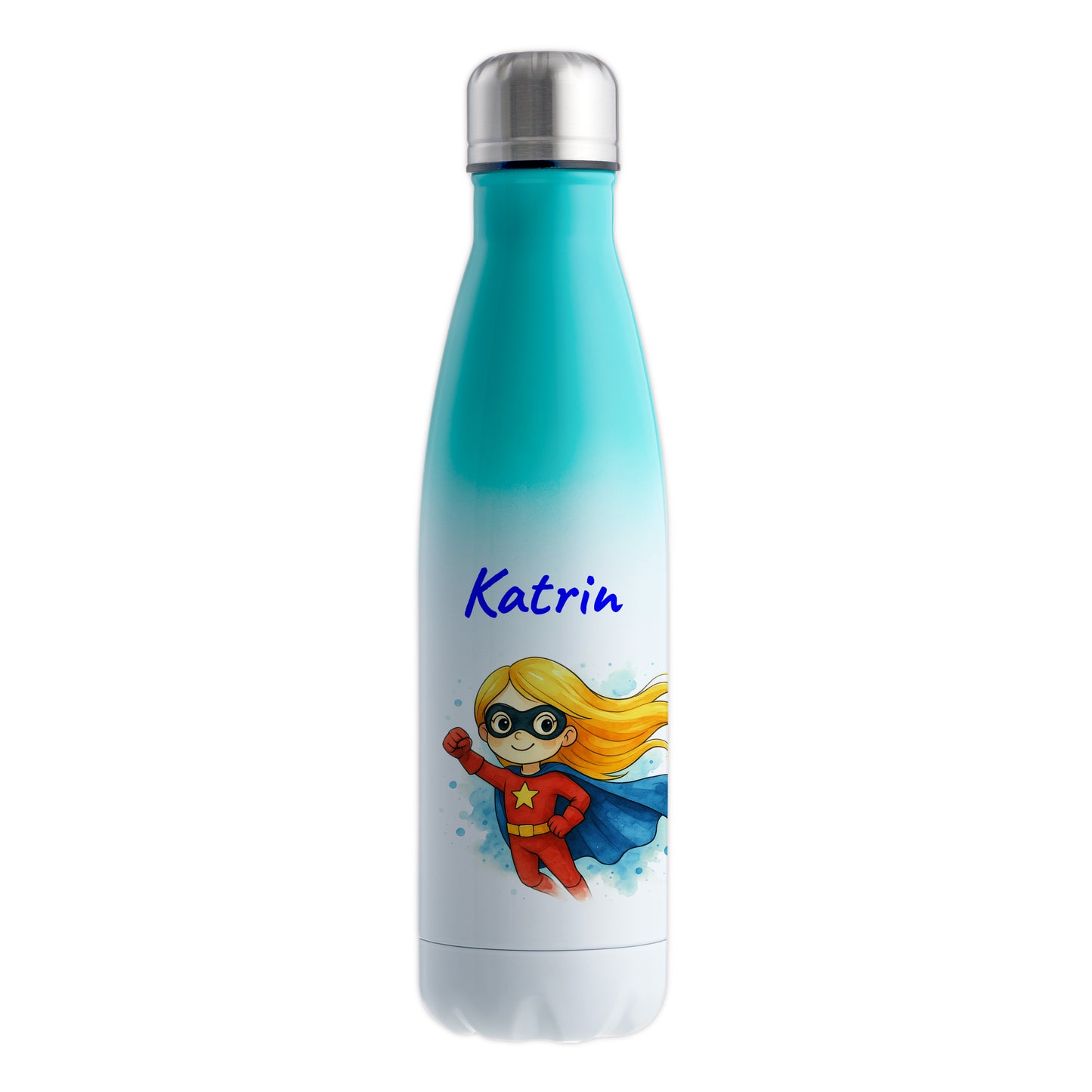 Thermoflasche 500ml in Weiß/Mint bedruckt mit tollen Motiven für Kinder "Superheldin" personalisierbar mit Wunschname