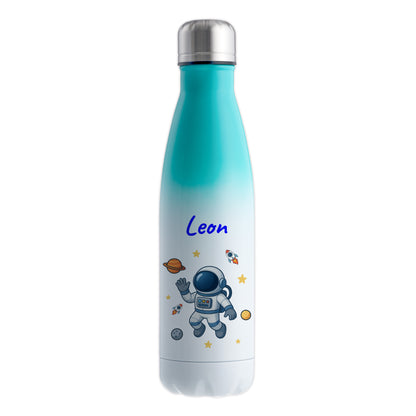 Thermoflasche 500ml in Weiß/Mint bedruckt mit tollen Motiven für Kinder "Astronaut" personalisierbar mit Wunschname