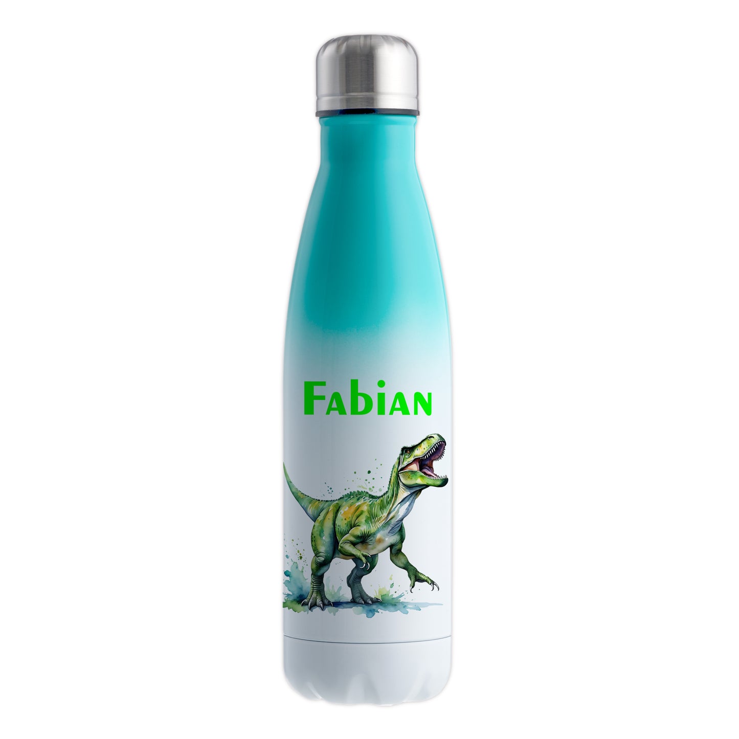 Thermoflasche 500ml in Weiß/Mint bedruckt mit tollen Motiven für Kinder "Dino T-Rex" personalisierbar mit Wunschname